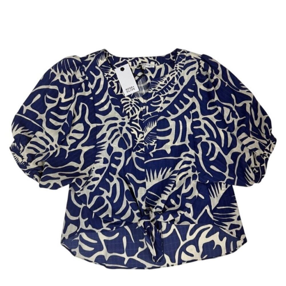 Rose + Olive NWT Tie Front Blouse Puff Sleeve Abstract Print Coastal Granny S